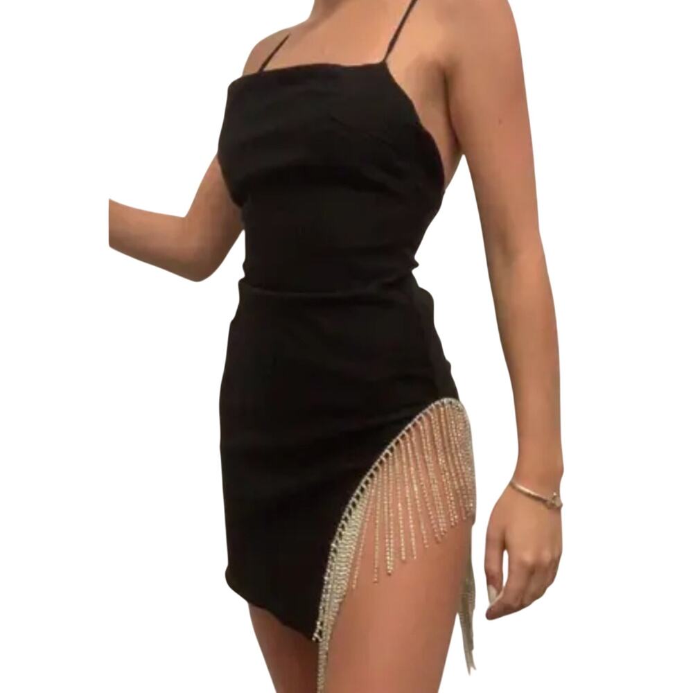 White Fox Boutique Black Rhinestone Draped Mini Dress Womens M Party Cocktail